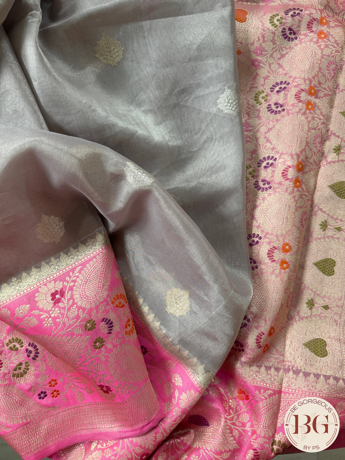 Banarasi Tissue silk mark certified saree with lace - Grey pink