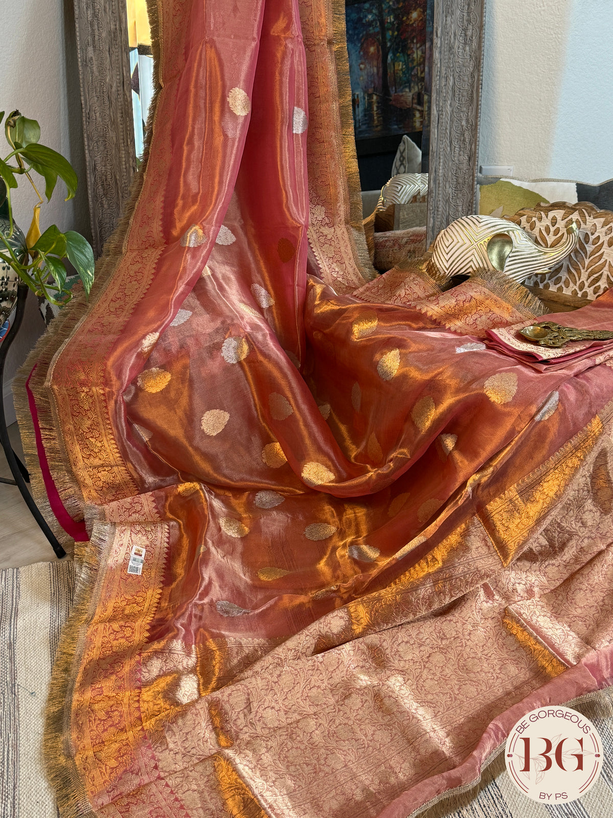 Banarasi Tissue silk mark certified saree with lace - Orange/Pink