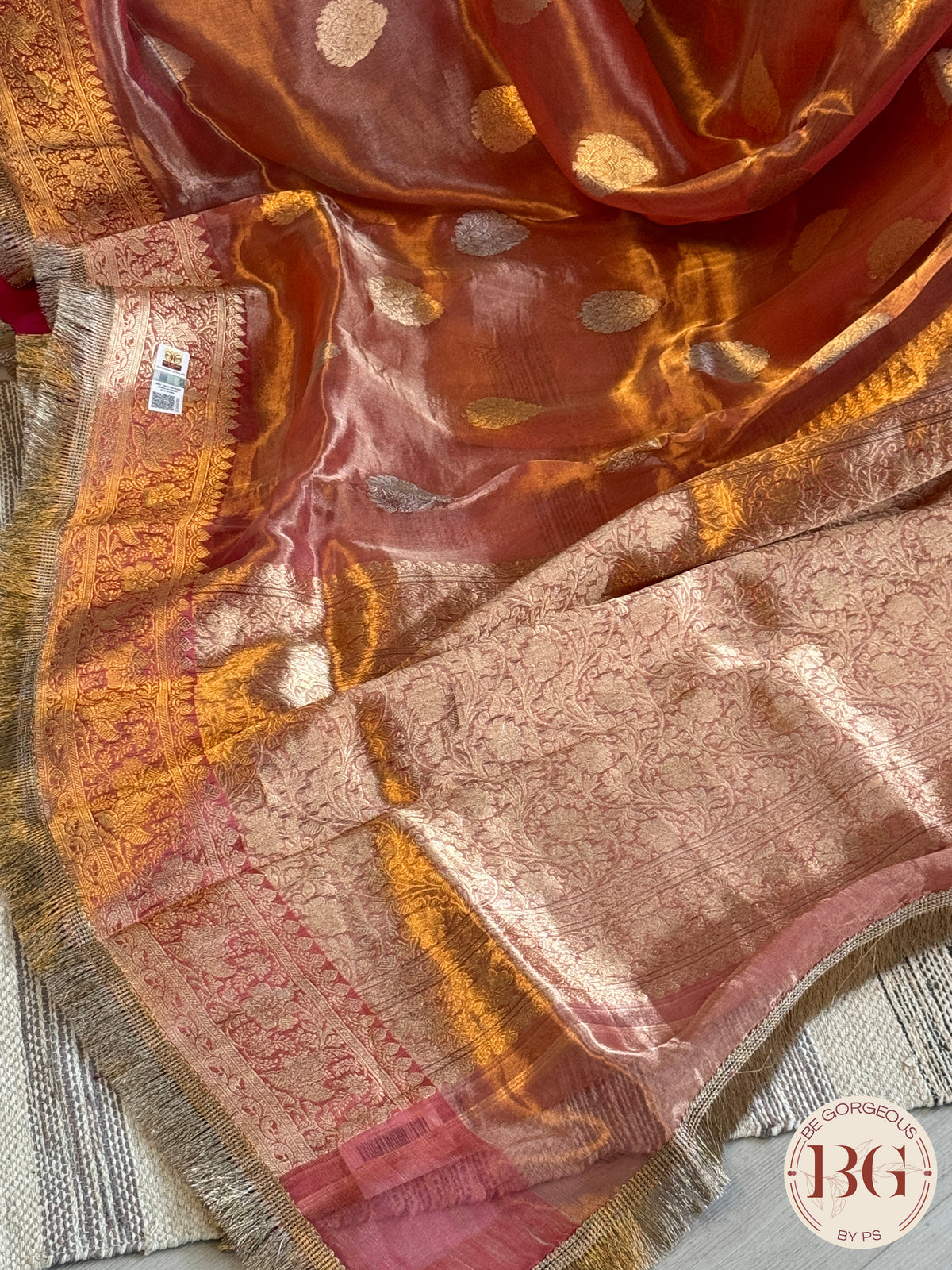 Banarasi Tissue silk mark certified saree with lace - Orange/Pink