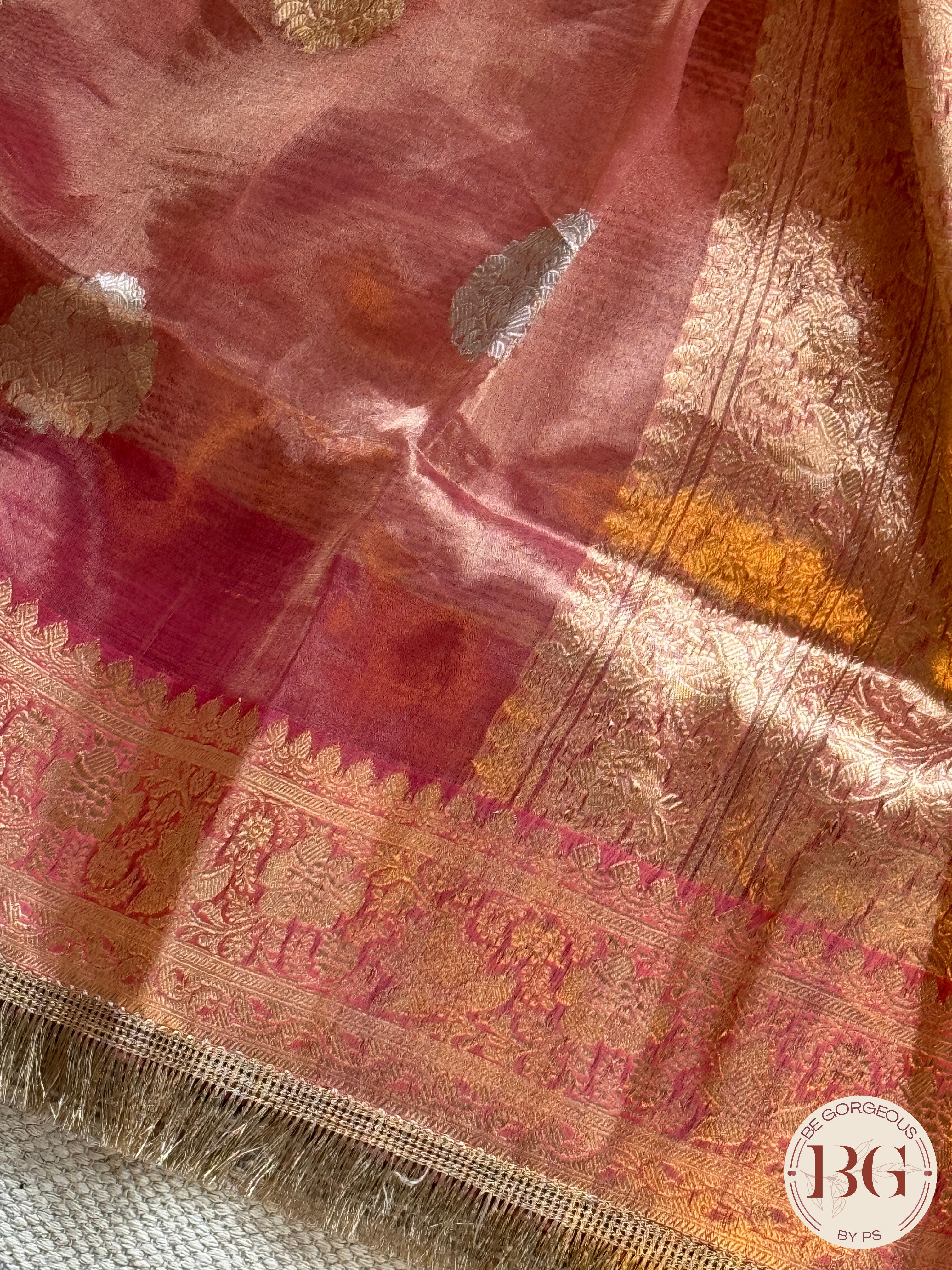 Banarasi Tissue silk mark certified saree with lace - Orange/Pink