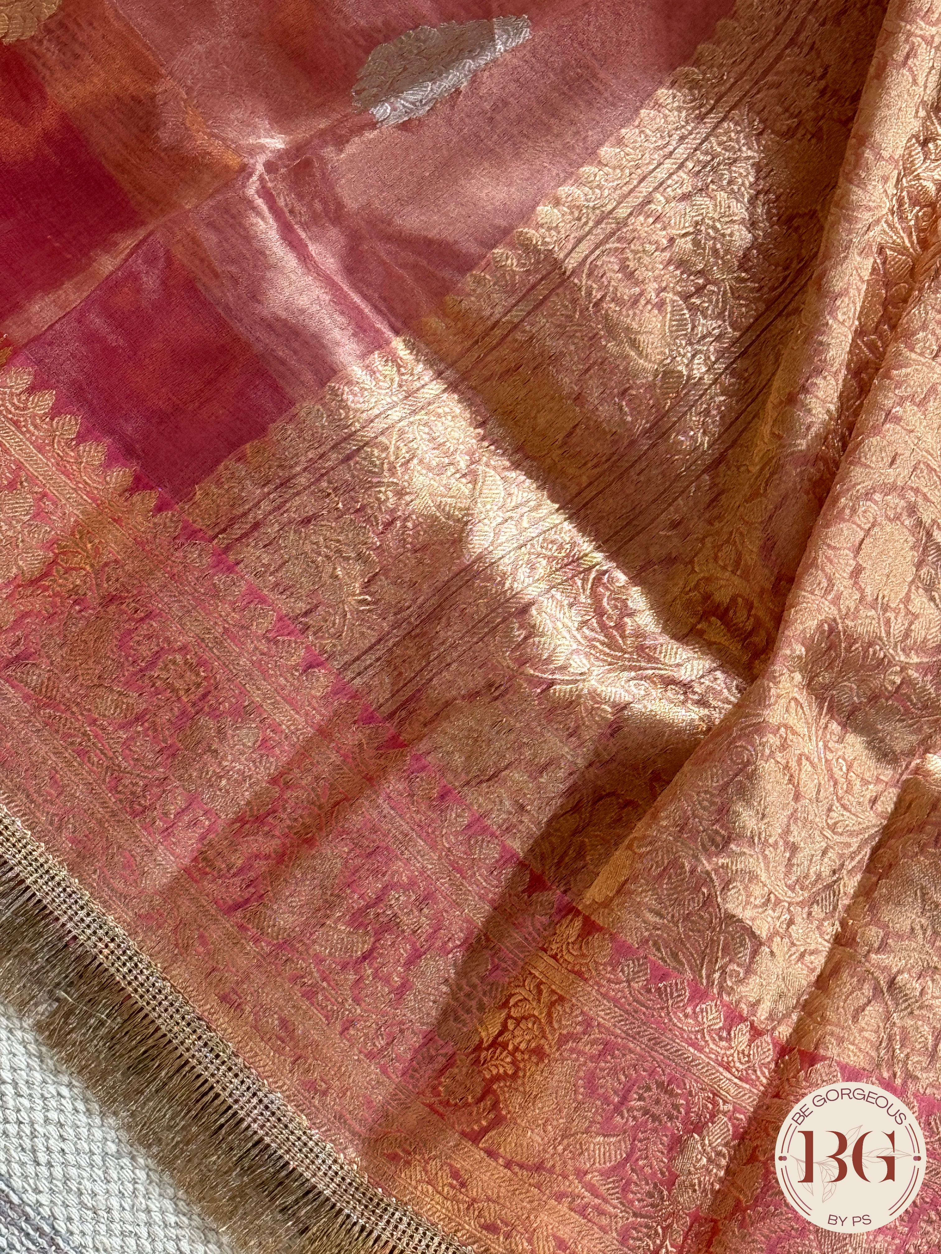 Banarasi Tissue silk mark certified saree with lace - Orange/Pink