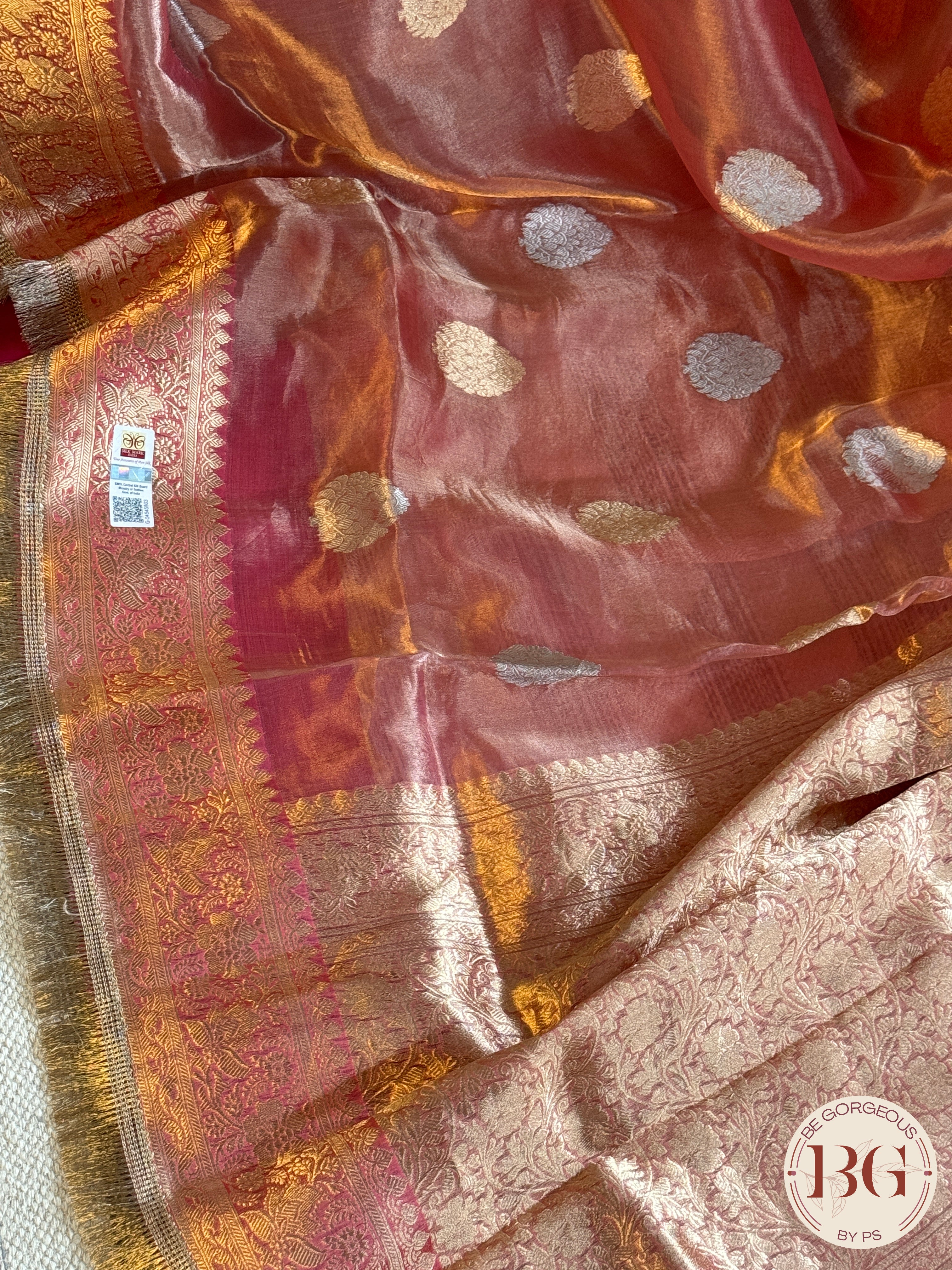 Banarasi Tissue silk mark certified saree with lace - Orange/Pink