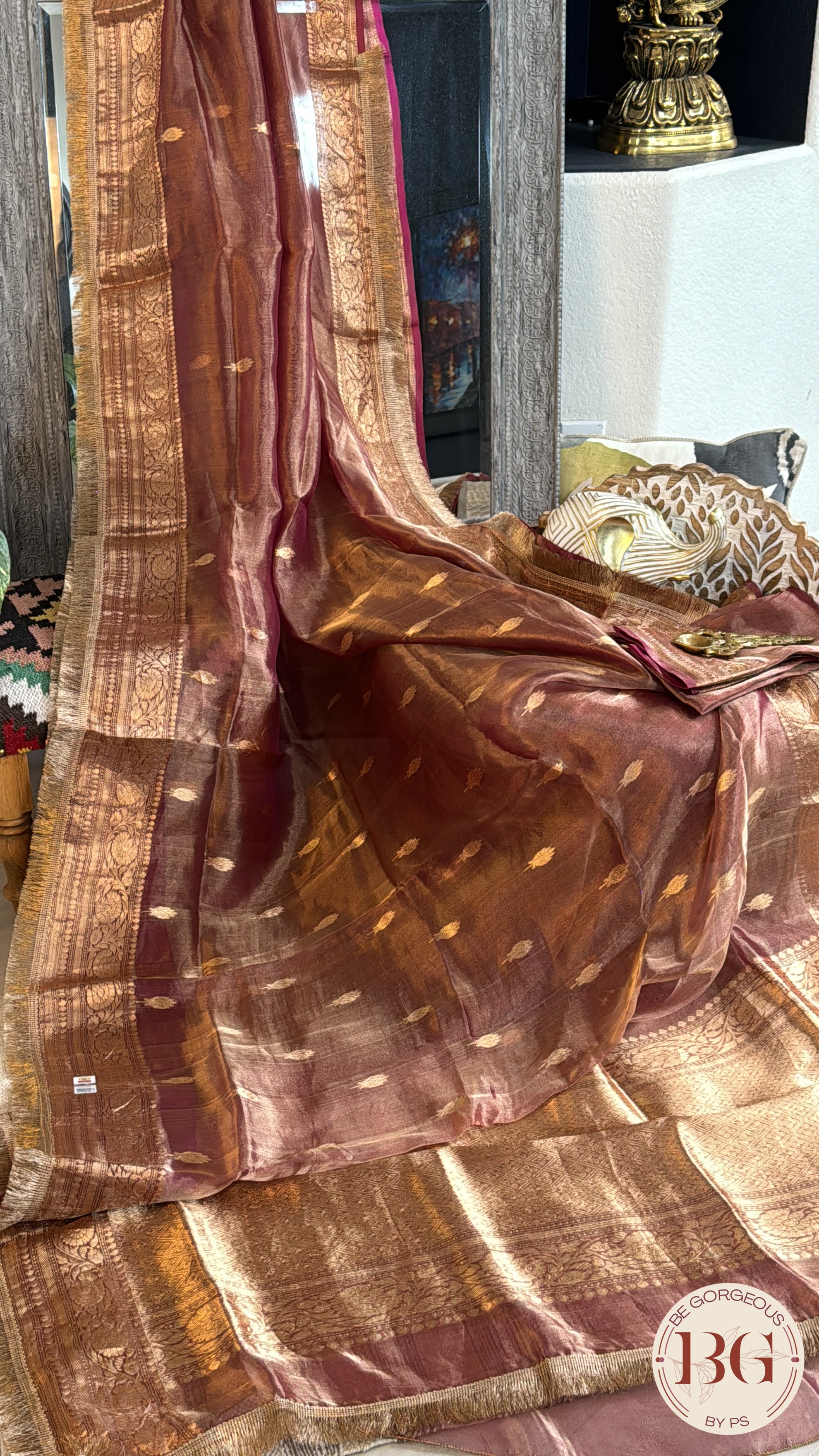 Banarasi Tissue silk mark certified saree with lace - Peach