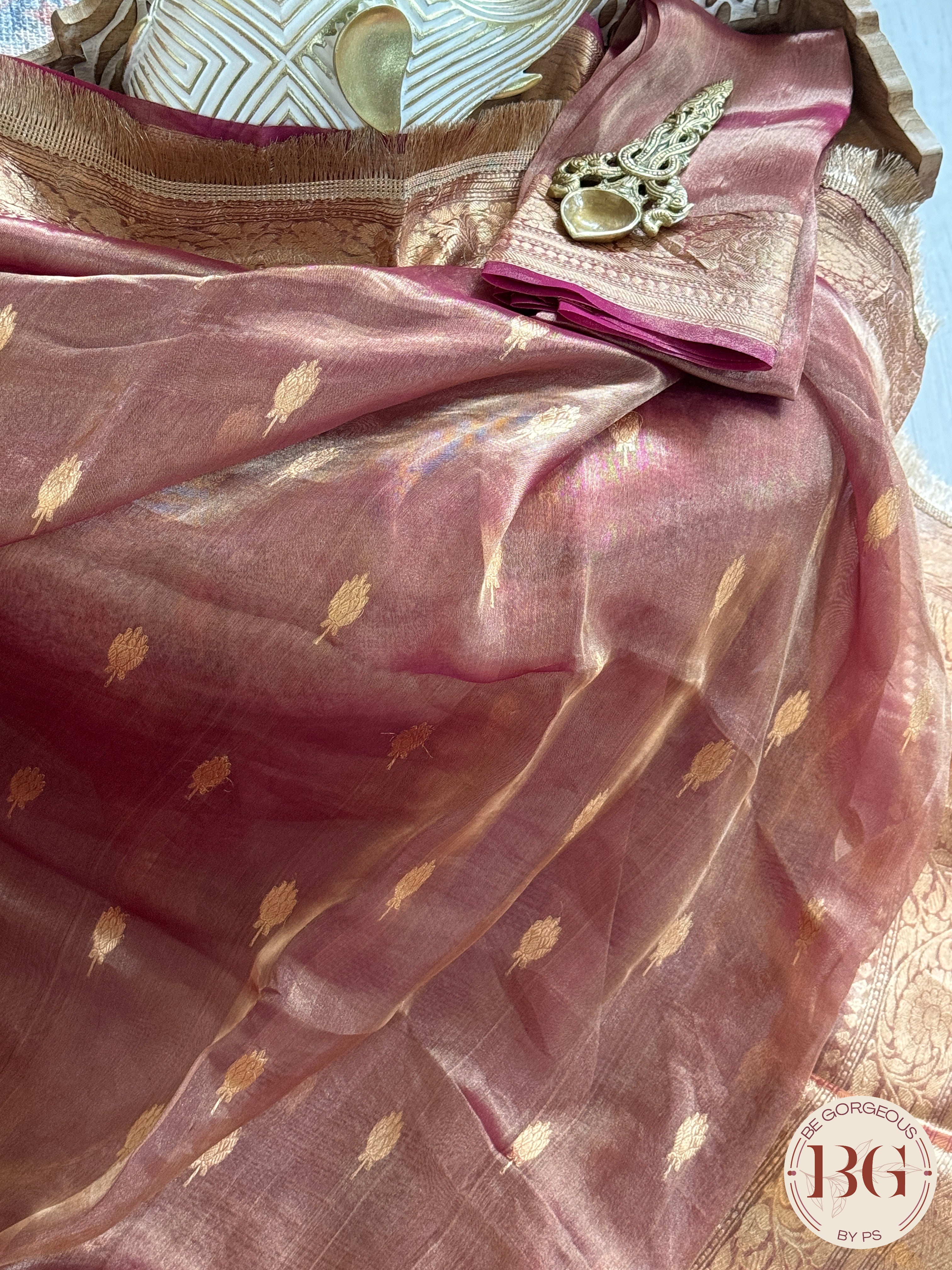 Banarasi Tissue silk mark certified saree with lace - Peach