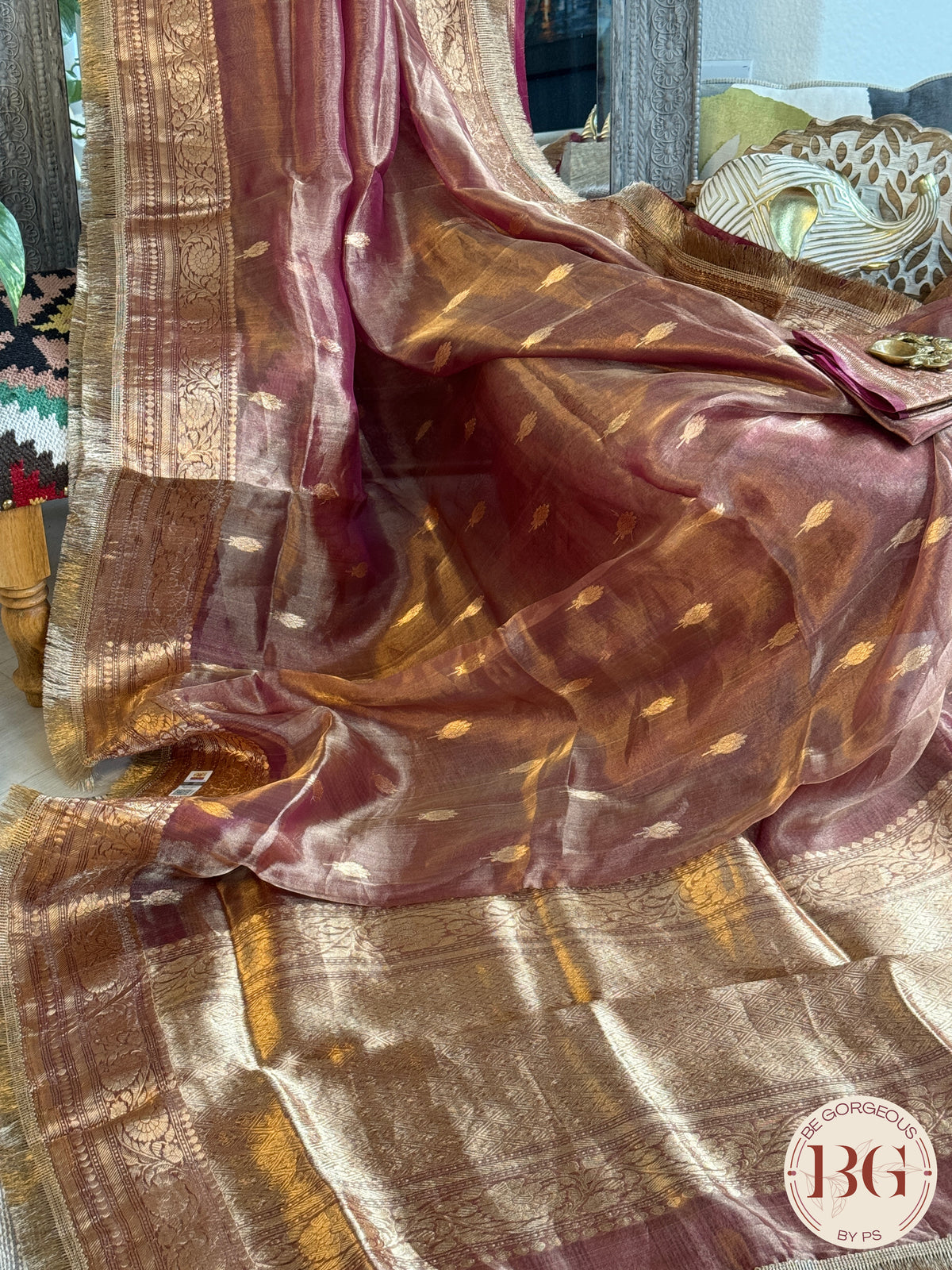 Banarasi Tissue silk mark certified saree with lace - Peach