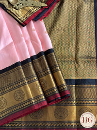 Gadwal handloom pure silk saree - baby pink with black