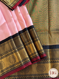 Gadwal handloom pure silk saree - baby pink with black