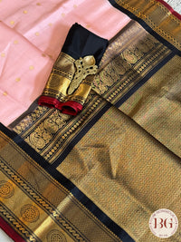 Gadwal handloom pure silk saree - baby pink with black