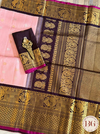 Gadwal handloom pure silk saree - baby pink with black