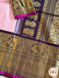 Gadwal handloom pure silk saree - baby pink with black