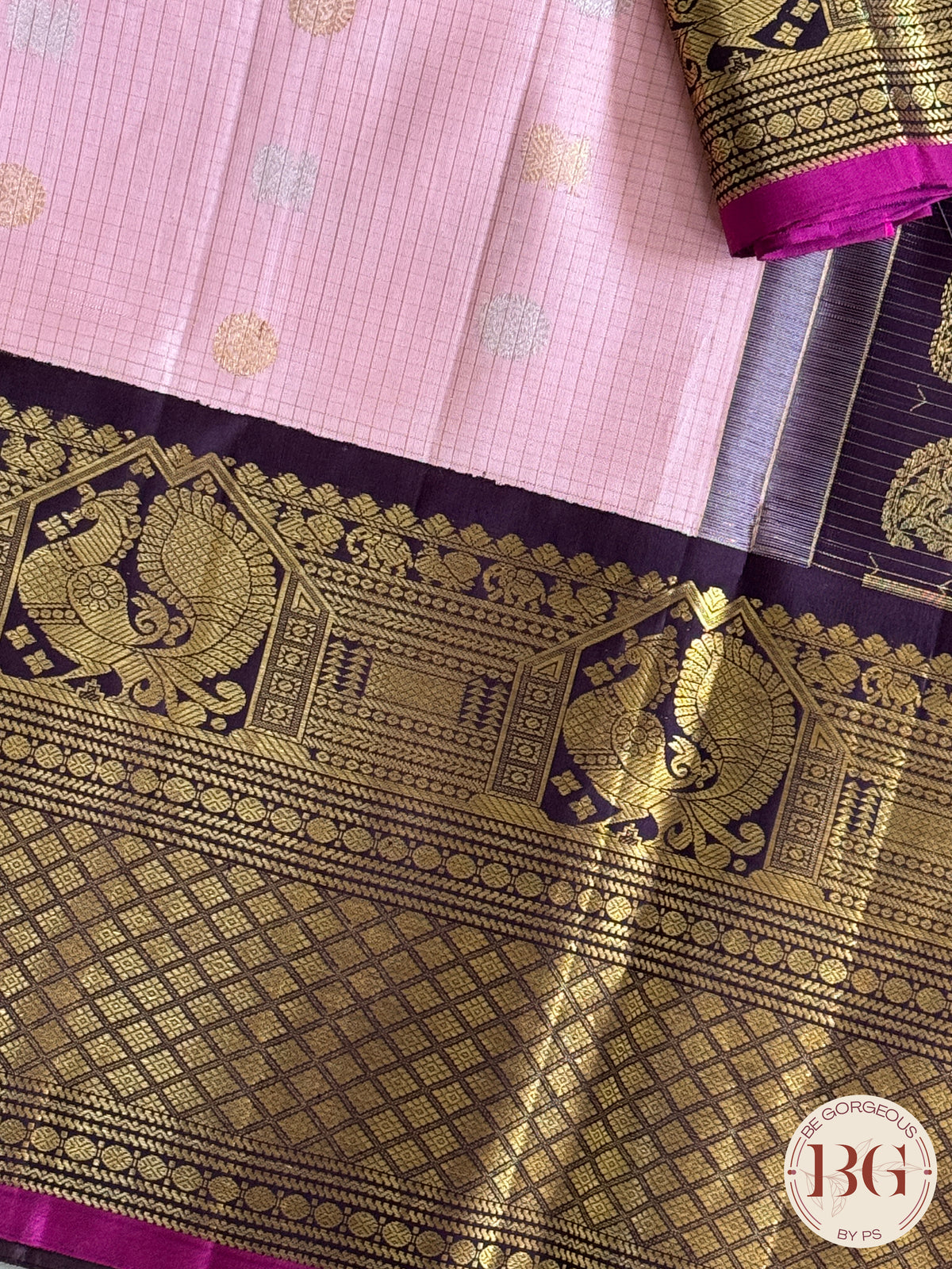 Gadwal handloom pure silk saree - baby pink with black