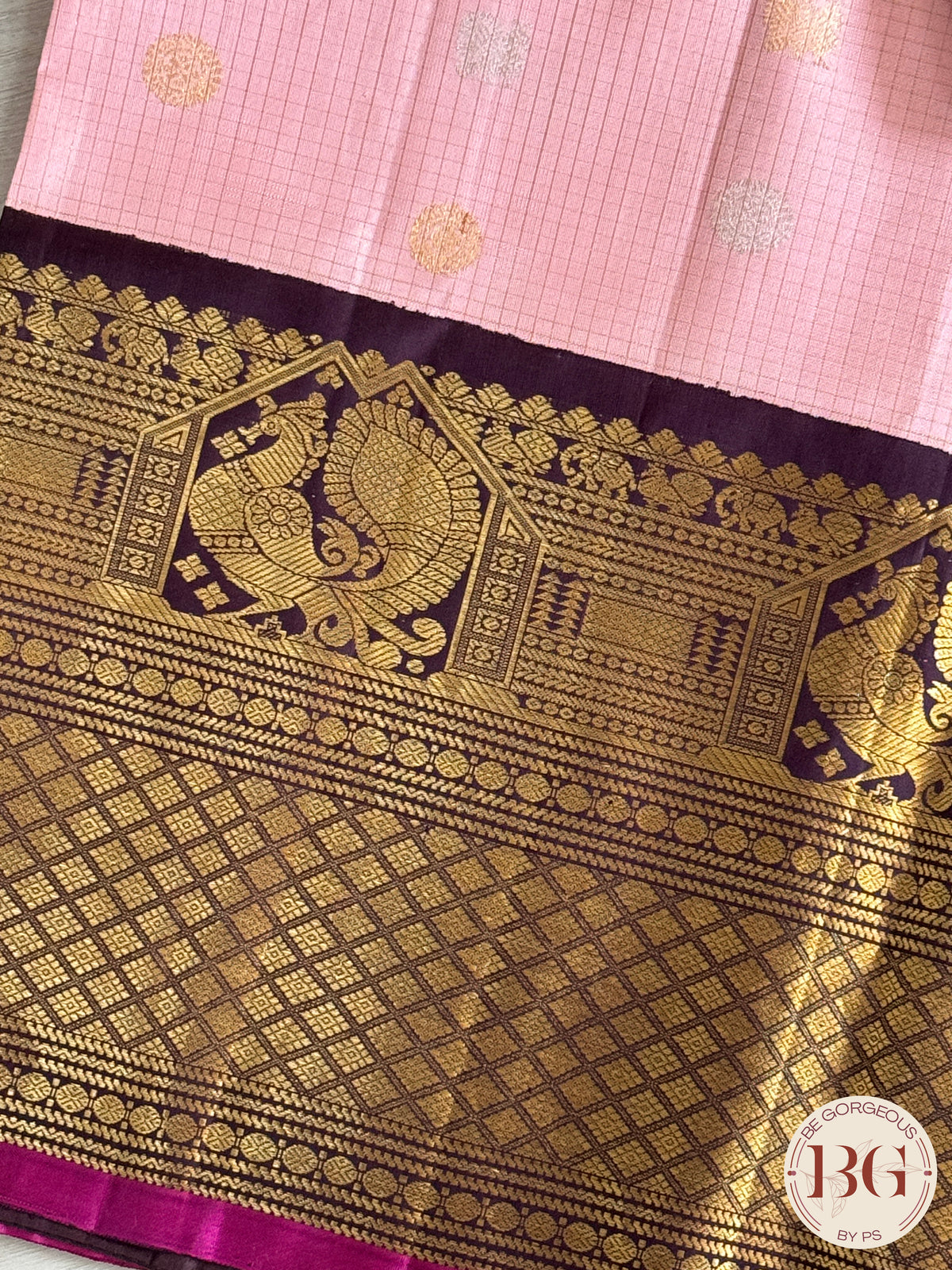 Gadwal handloom pure silk saree - baby pink with black