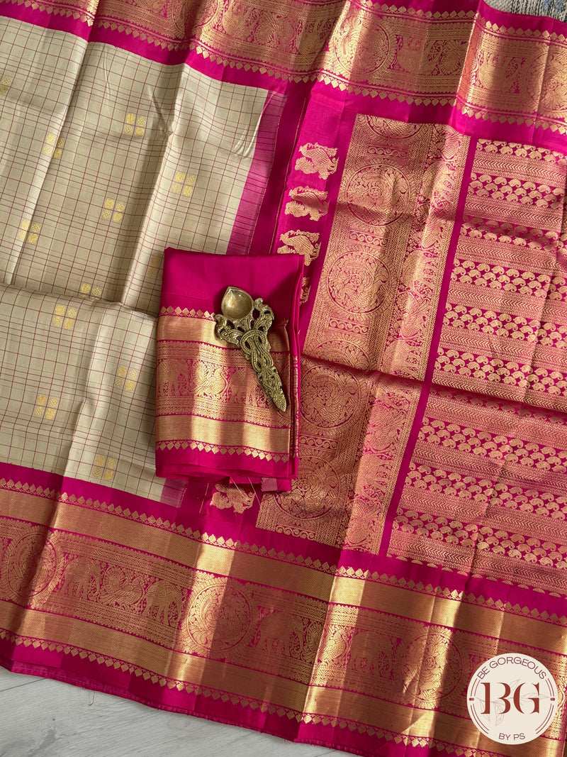 Gadwal handloom pure silk saree off white checker with pink