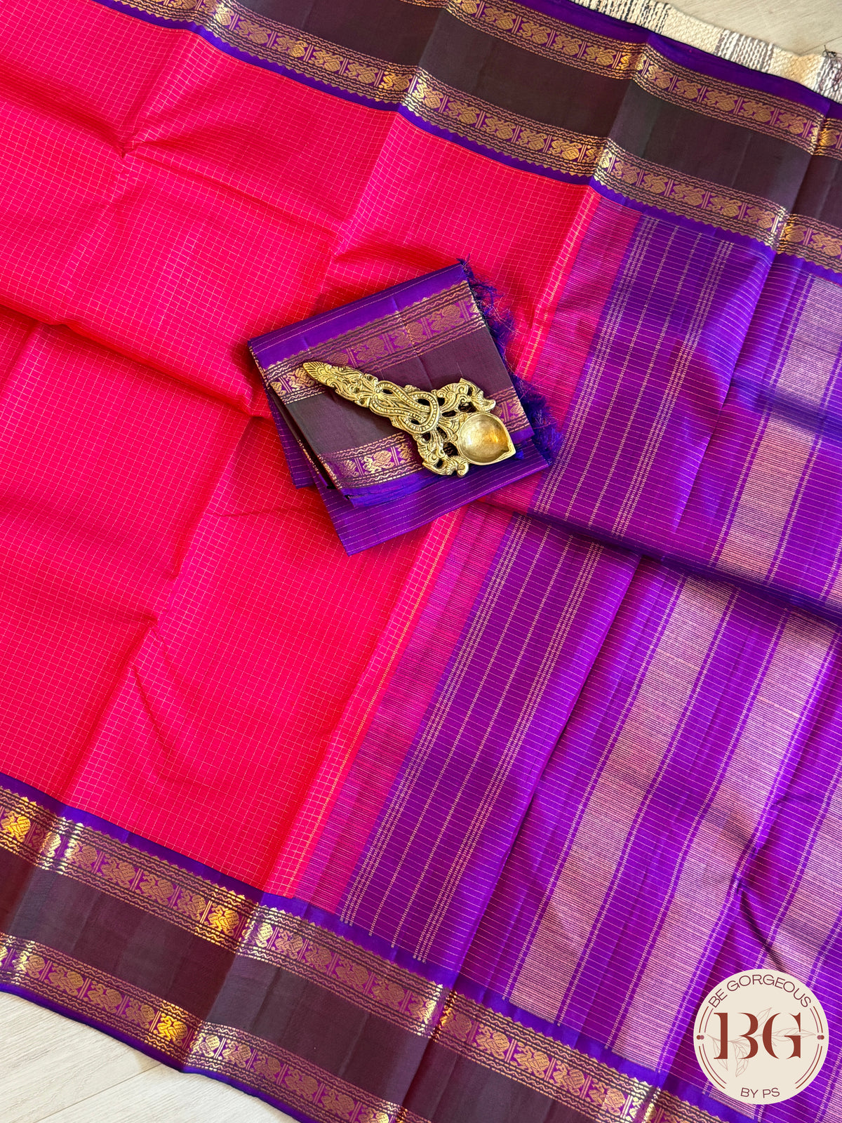 Kanjeevaram pure silk handloom saree - red purple mini checker