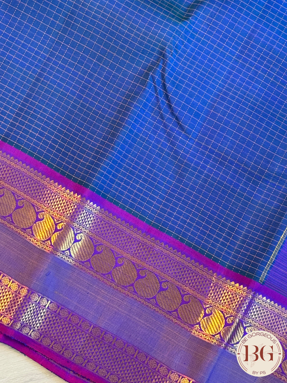 Kanjeevaram pure silk handloom saree - blue purple mini checker