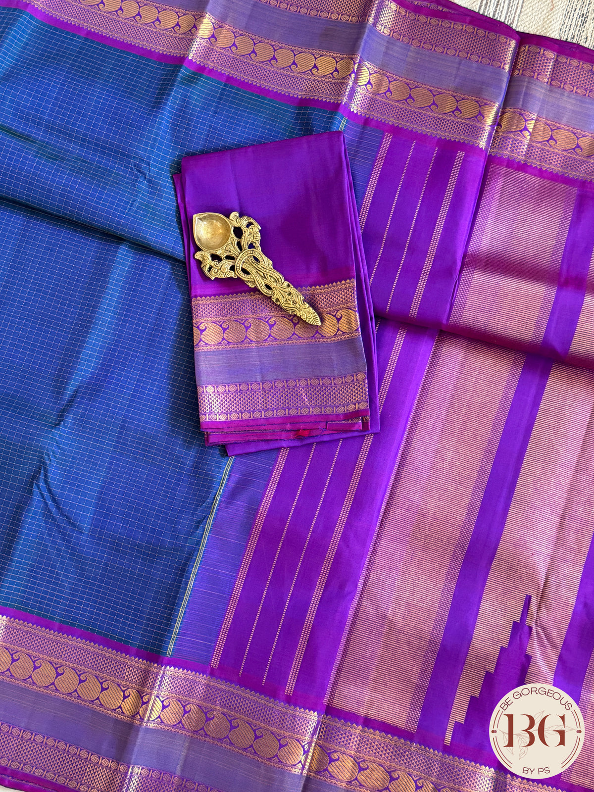 Kanjeevaram pure silk handloom saree - blue purple mini checker