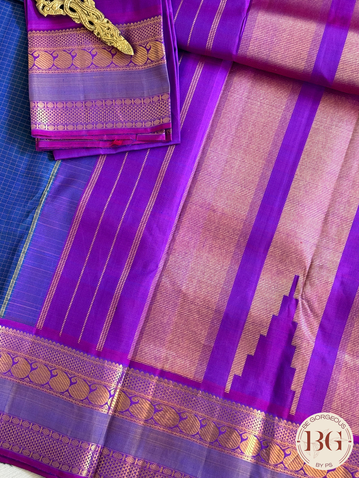 Kanjeevaram pure silk handloom saree - blue purple mini checker