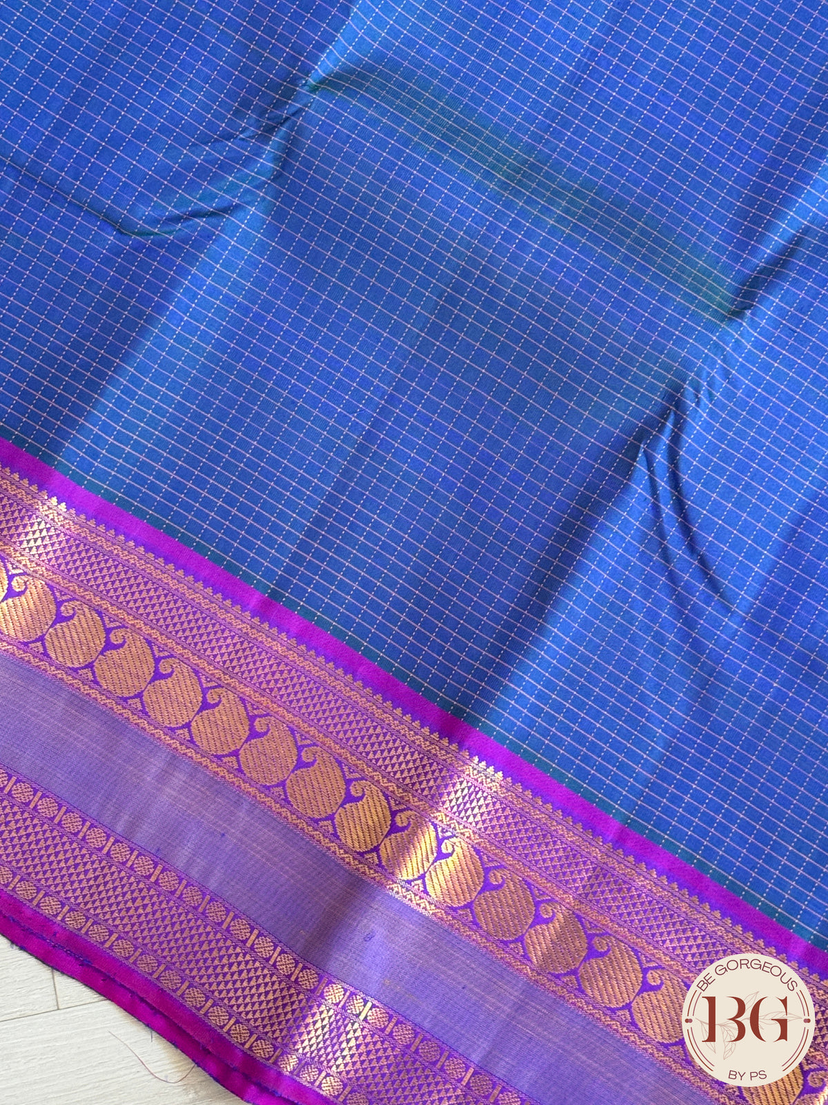 Kanjeevaram pure silk handloom saree - blue purple mini checker