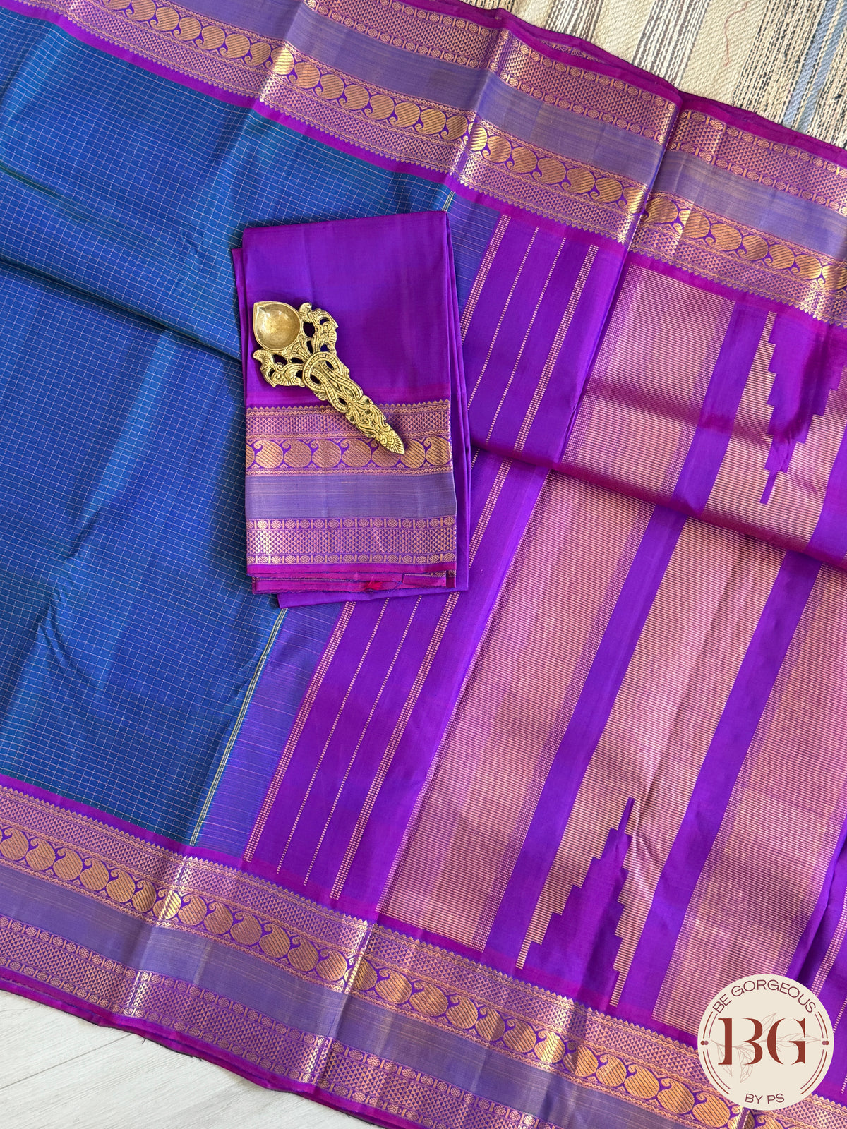 Kanjeevaram pure silk handloom saree - blue purple mini checker