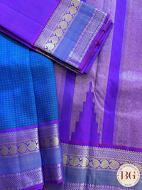 Kanjeevaram pure silk handloom saree - blue purple mini checker