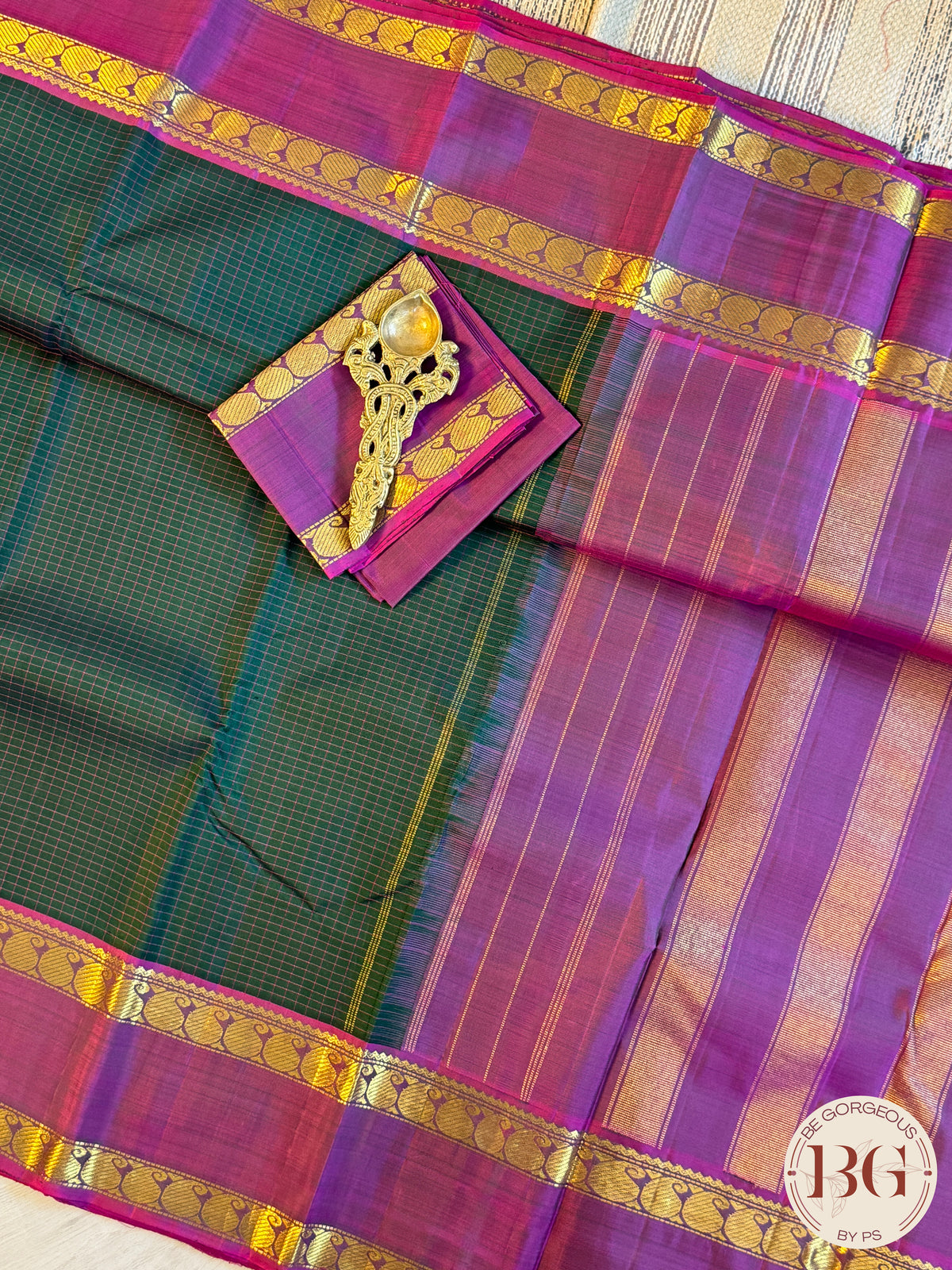 Kanjeevaram pure silk handloom saree - green purple mini checker