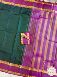 Kanjeevaram pure silk handloom saree - green purple mini checker