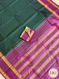 Kanjeevaram pure silk handloom saree - green purple mini checker