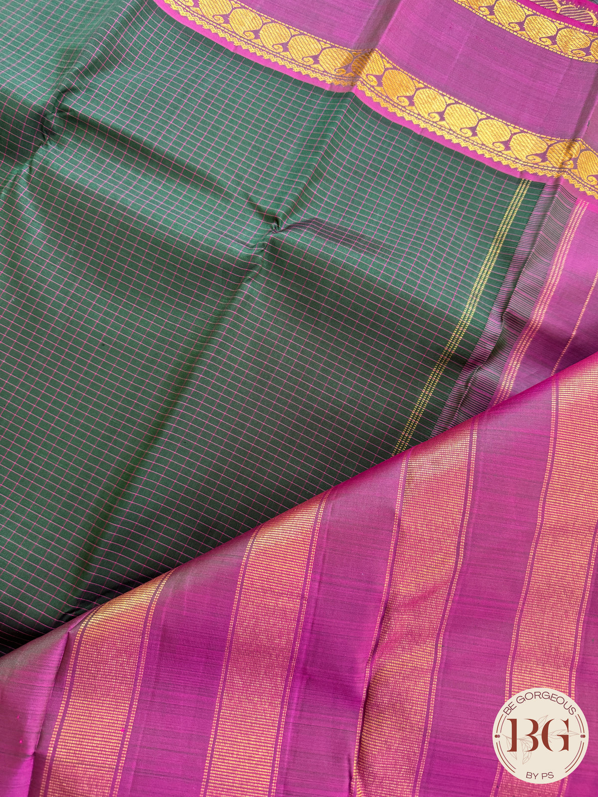 Kanjeevaram pure silk handloom saree - green purple mini checker