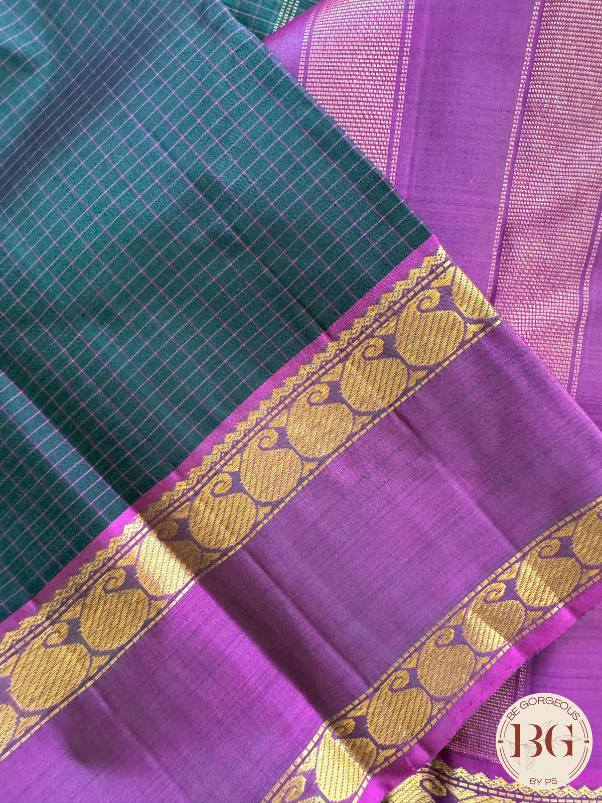 Kanjeevaram pure silk handloom saree - green purple mini checker