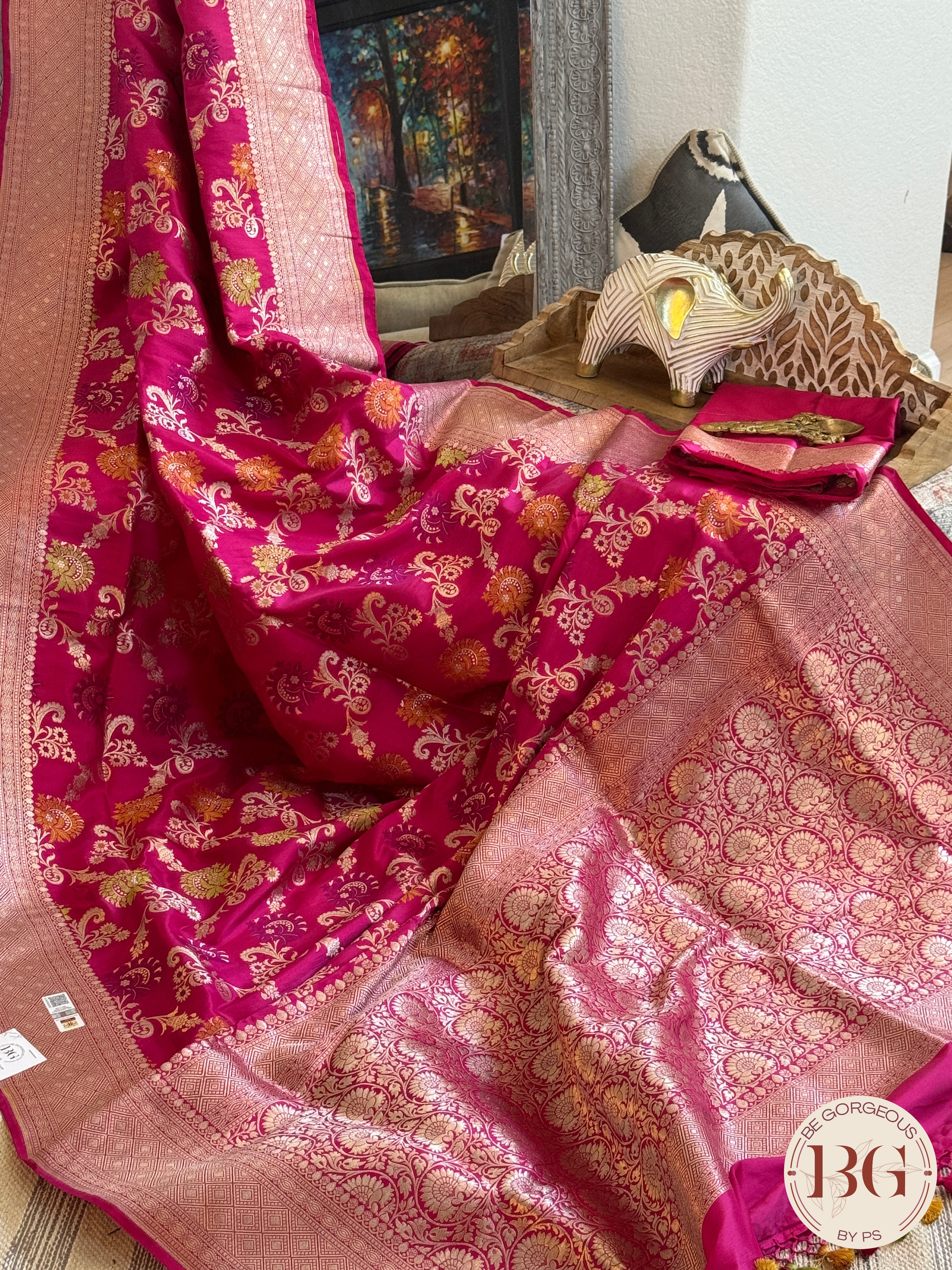 Banarasi Handloom Katan Silk Saree - Silk mark certfied - rani pink