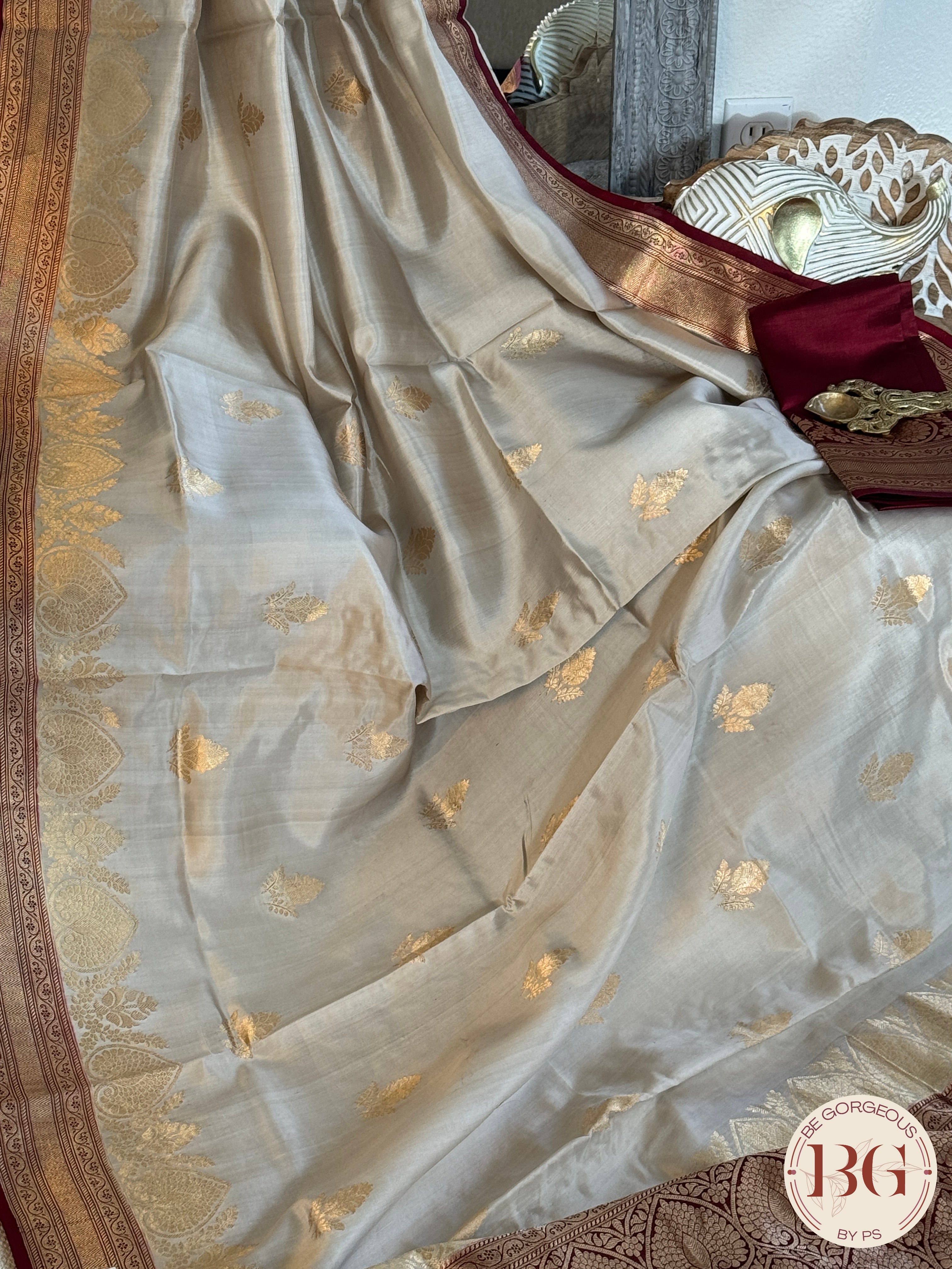 Banarasi silk raw mango katan silk saree silk mark certfied - Cream