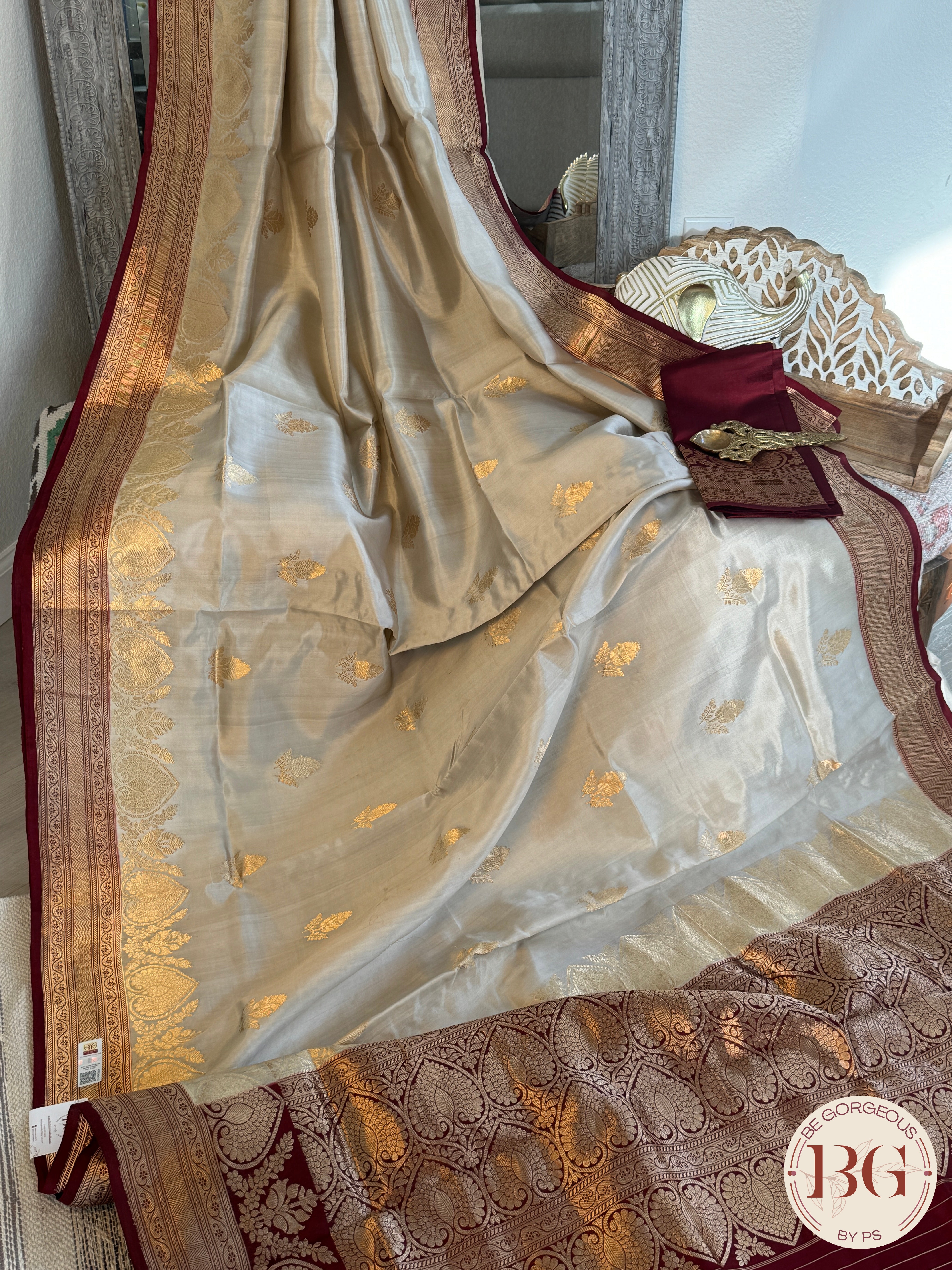 Banarasi silk raw mango katan silk saree silk mark certfied - Cream