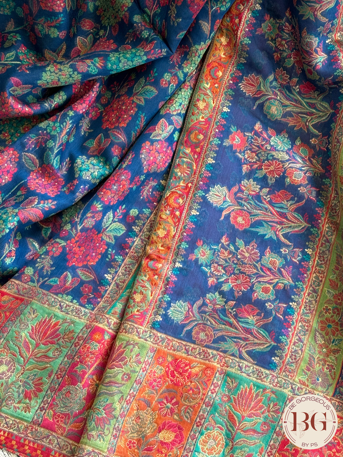Kani kashmiri silk saree flowers - blue