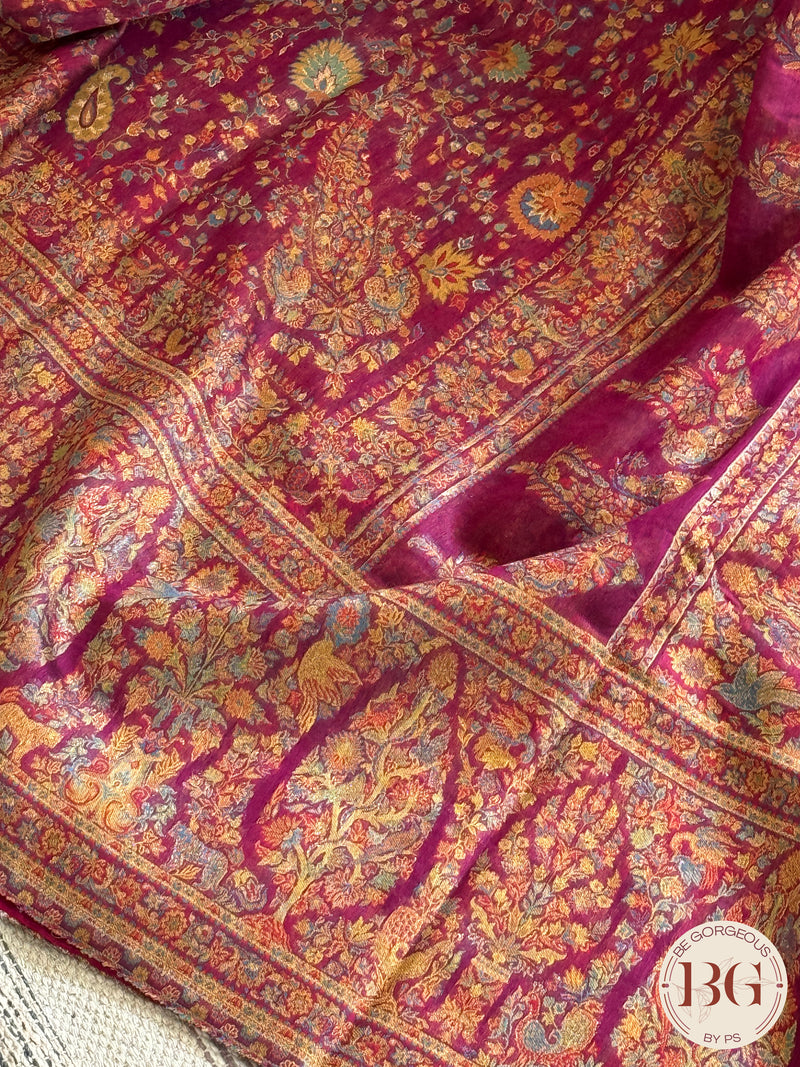 Kani Pure Kashmiri Silk Saree with flowers & ambiya - rani pink
