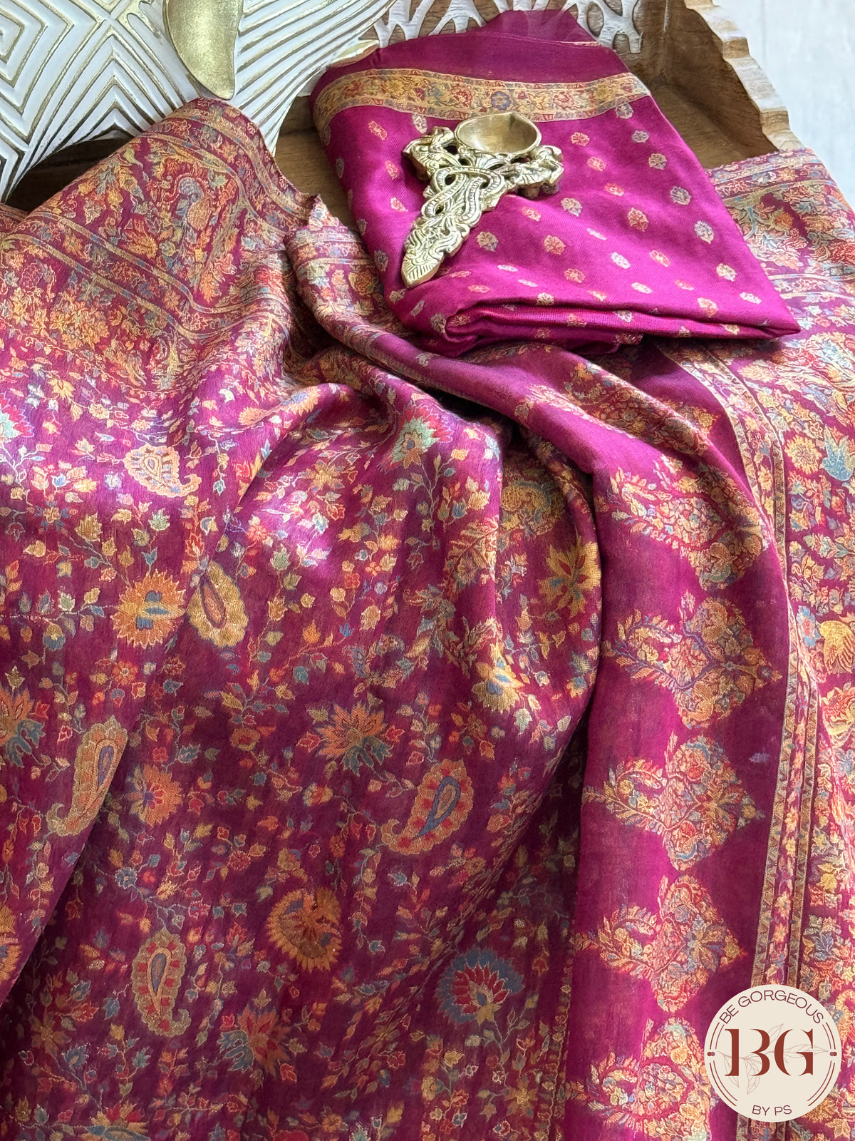 Kani Pure Kashmiri Silk Saree with flowers & ambiya - rani pink