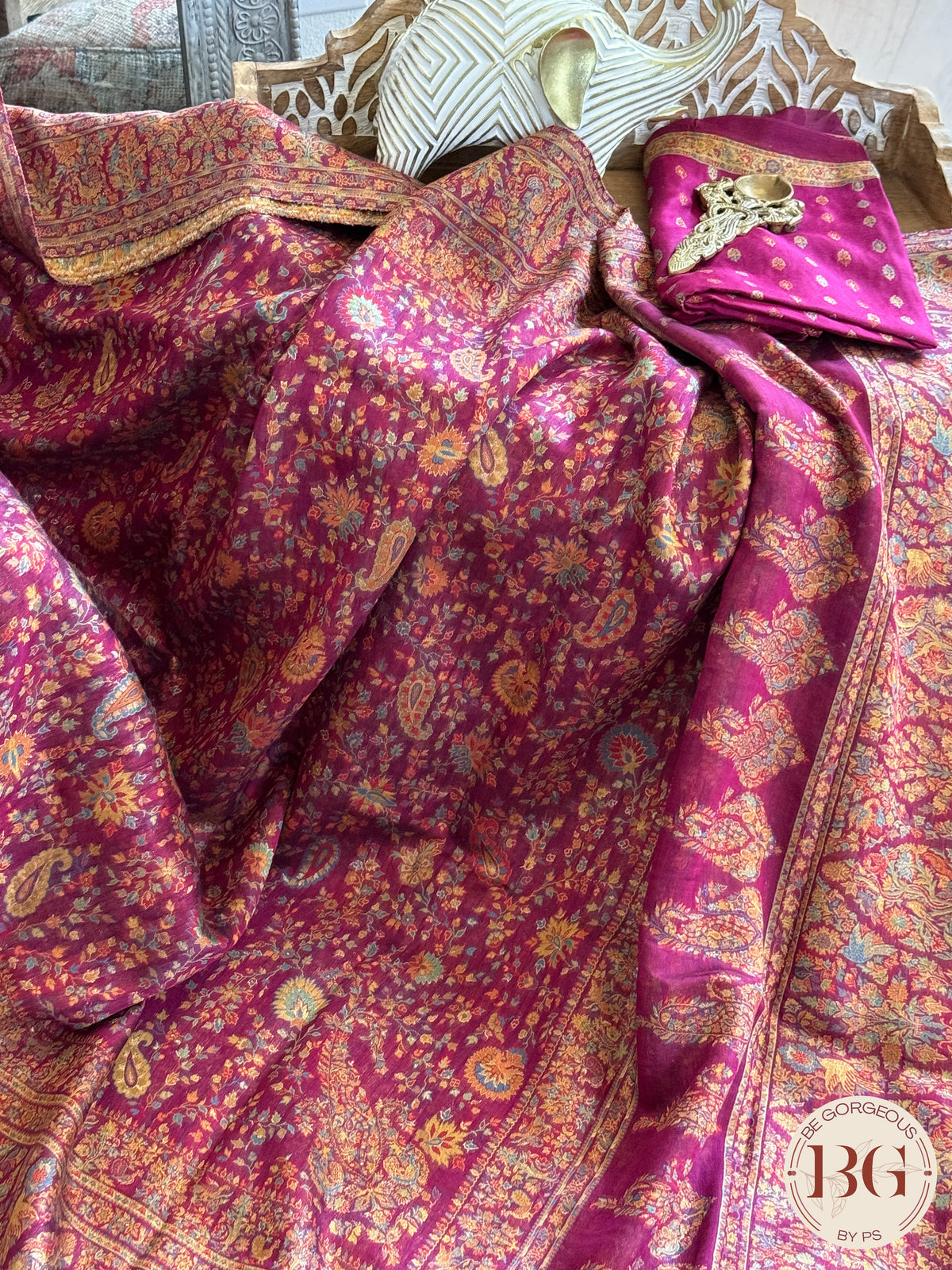 Kani Pure Kashmiri Silk Saree with flowers & ambiya - rani pink
