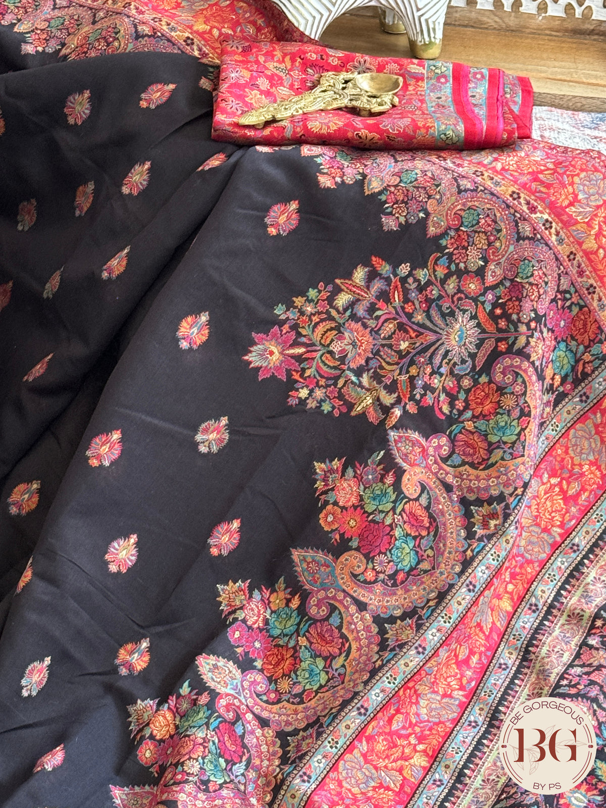 Kani Pure Kashmiri Silk Saree with buttas - Black