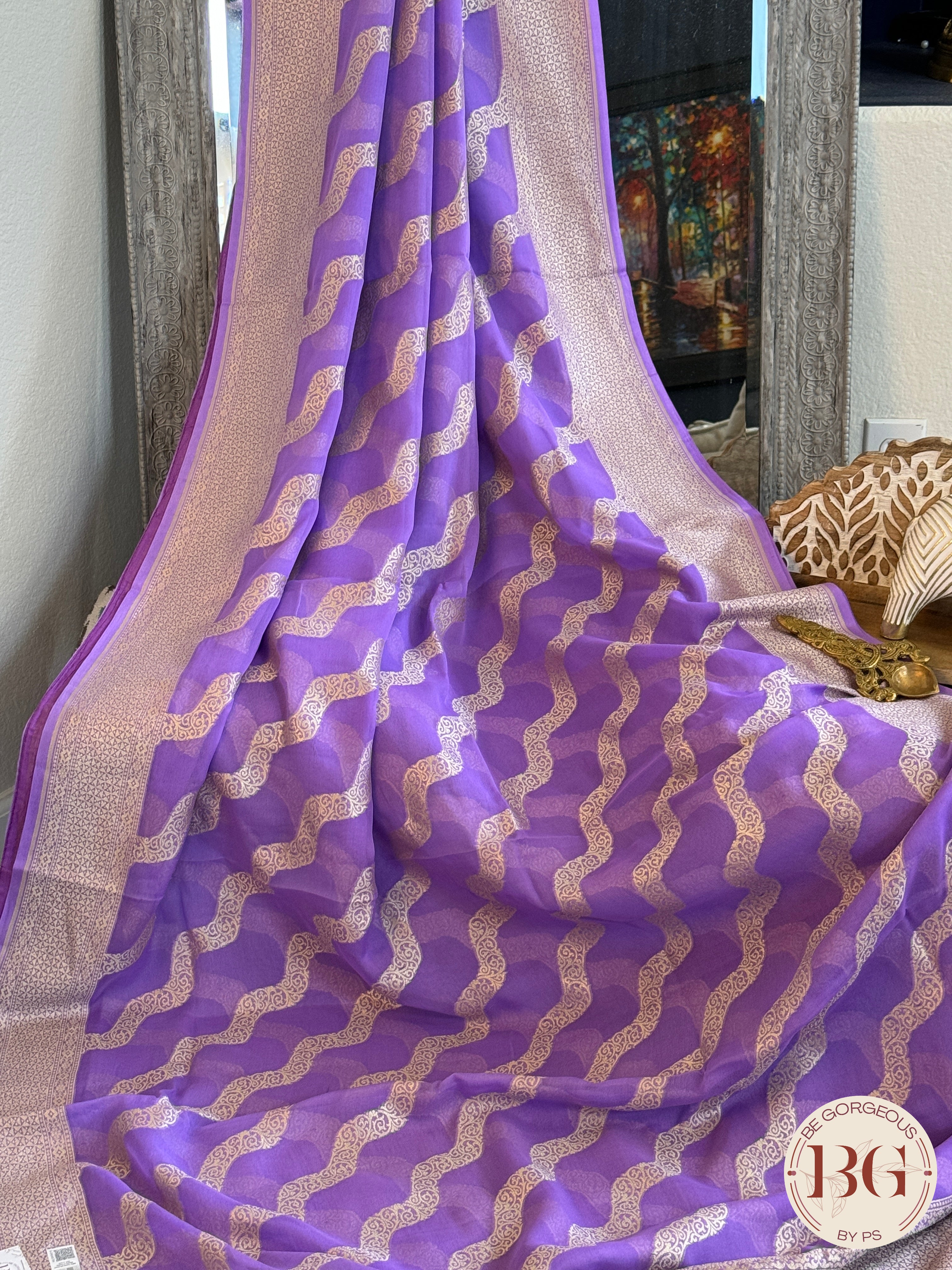 Banarasi Handwoven Khaddi Georgette Saree with Golden & Antique Zari allover and silkmark certificate - Purple