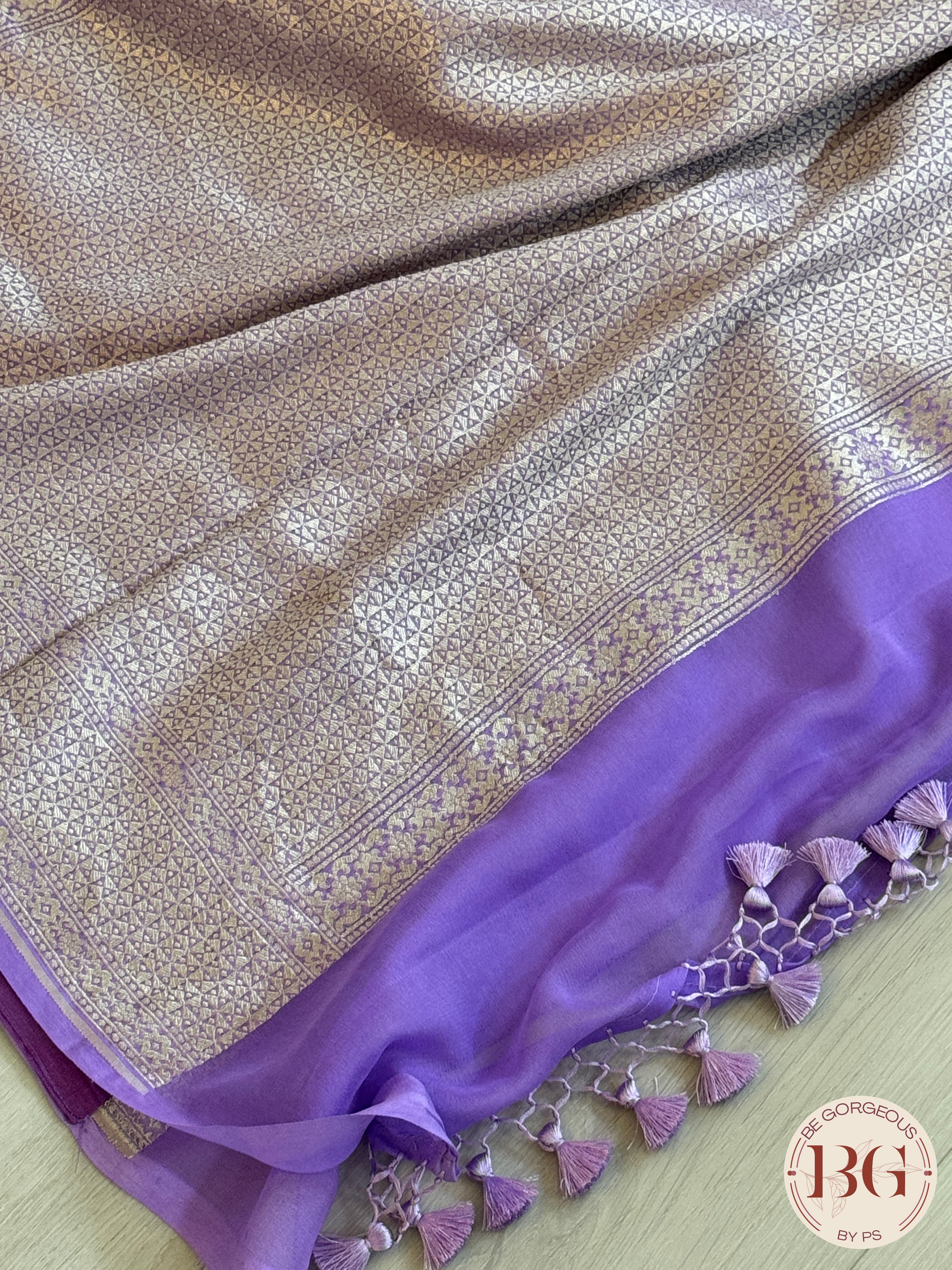 Banarasi Handwoven Khaddi Georgette Saree with Golden & Antique Zari allover and silkmark certificate - Purple