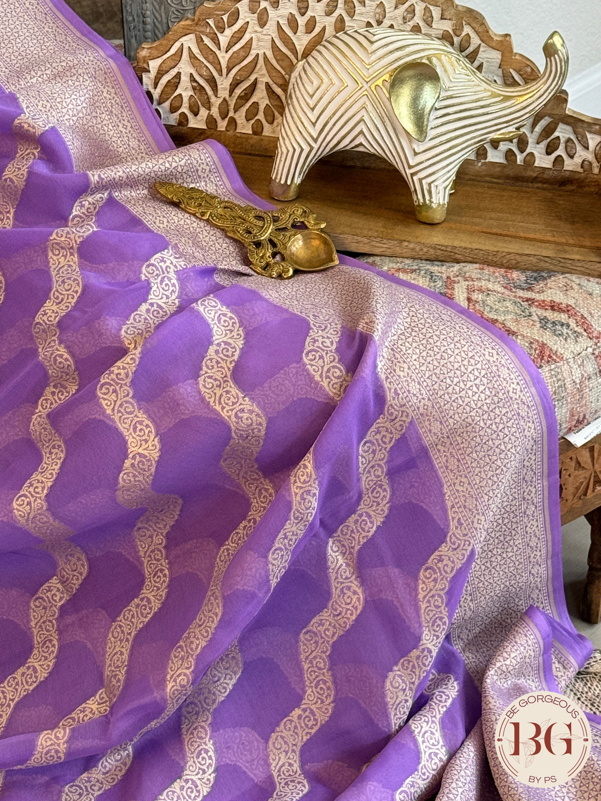 Banarasi Handwoven Khaddi Georgette Saree with Golden & Antique Zari allover and silkmark certificate - Purple