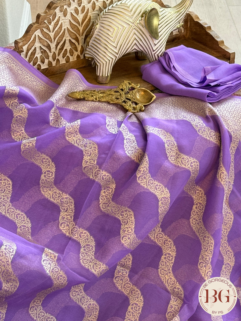 Banarasi Handwoven Khaddi Georgette Saree with Golden & Antique Zari allover and silkmark certificate - Purple