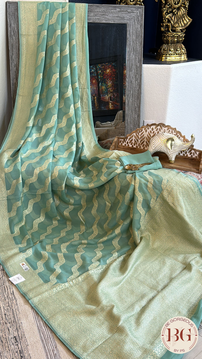 Banarasi Handwoven Khaddi Georgette Saree with Golden & Antique Zari allover and silkmark certificate - Green