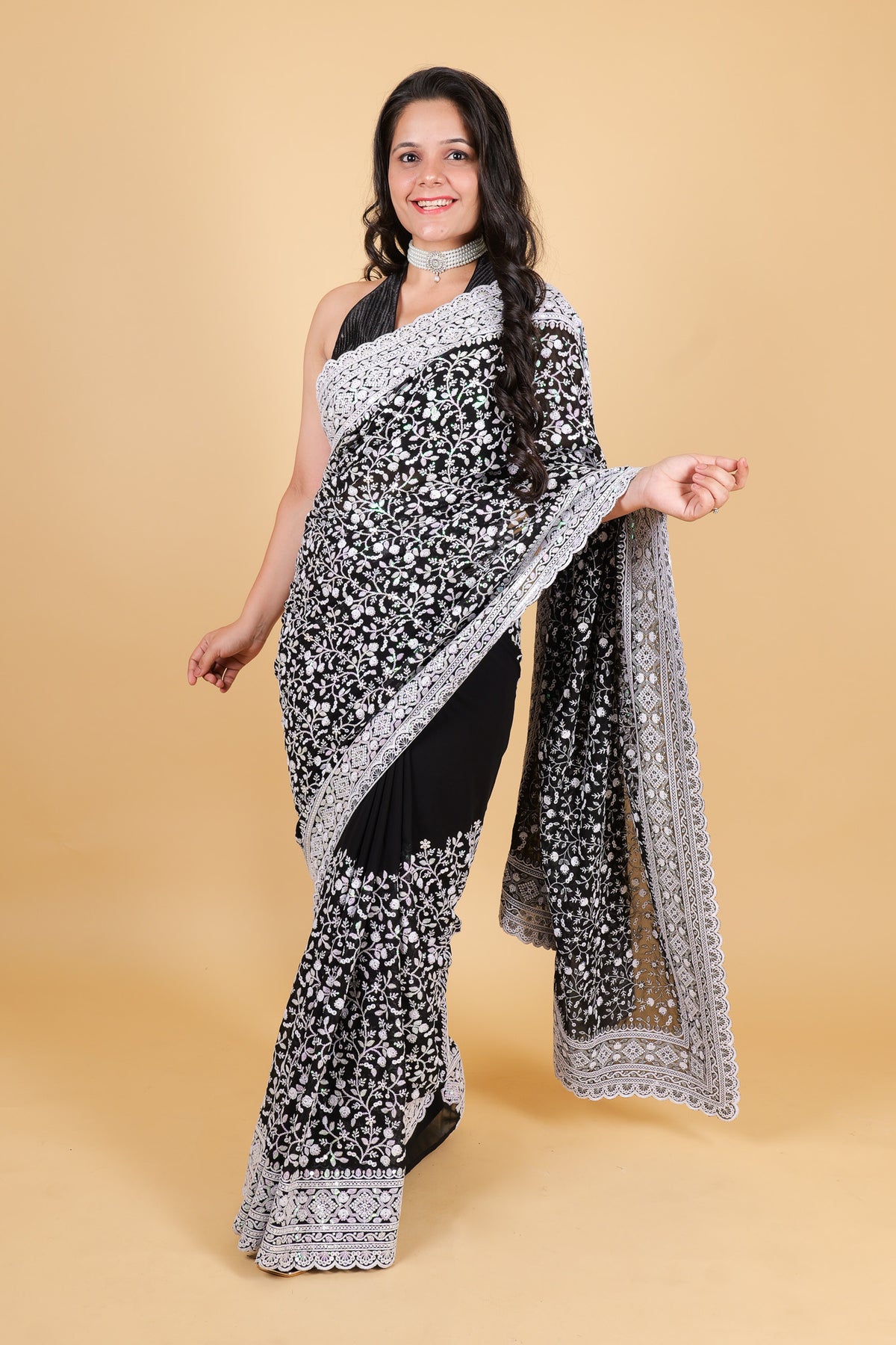 Georgette with chikankari work, sequins - Black