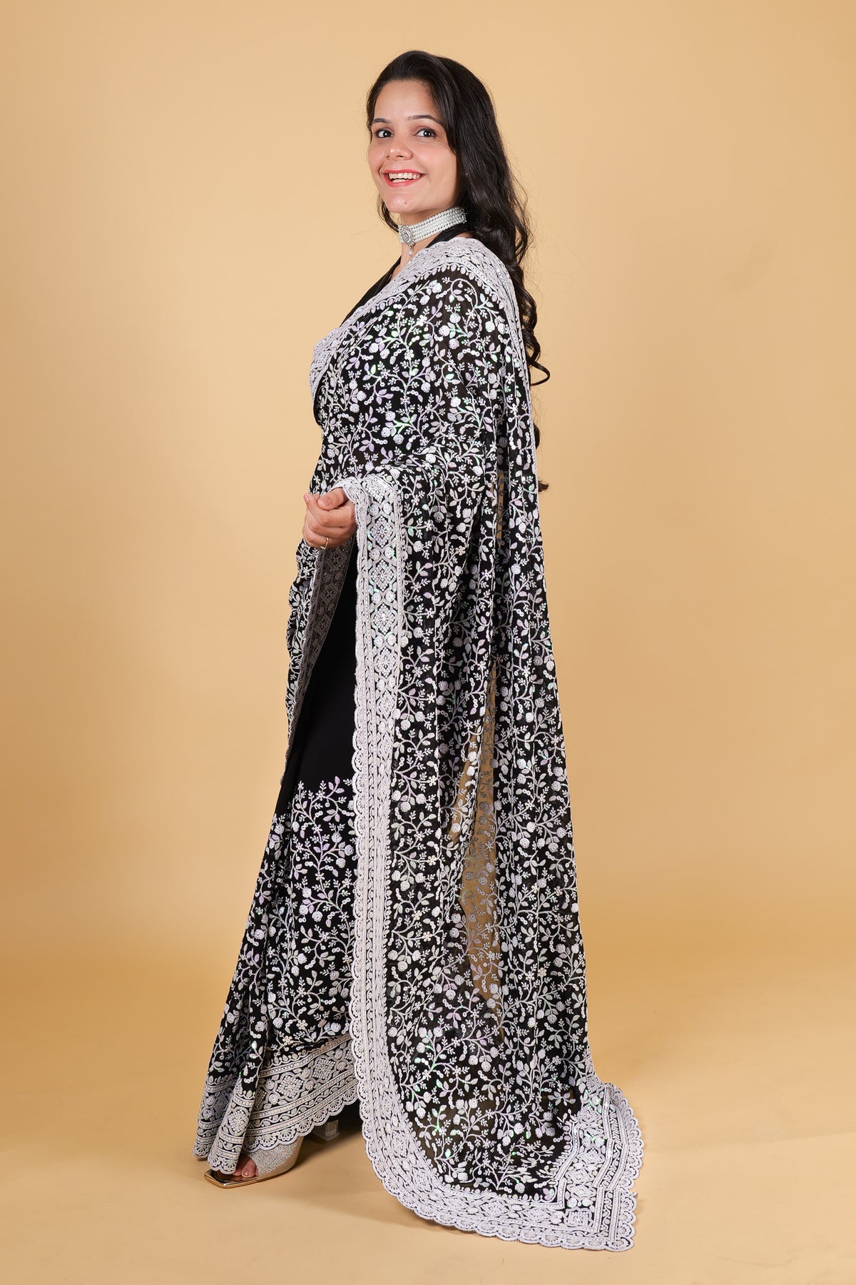 Georgette with chikankari work, sequins - Black