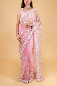 Net designer saree with thread embroidery and sequin work - pink color