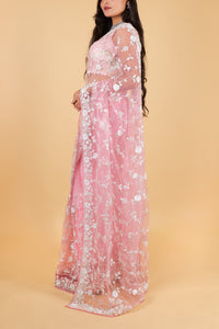 Net designer saree with thread embroidery and sequin work - pink color