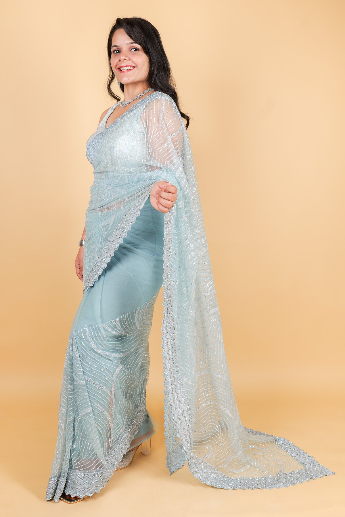 Net designer saree with thread embroidery and sequin work - blue color