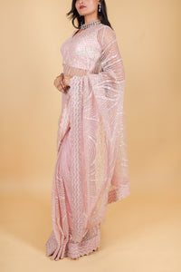 Net designer saree with thread embroidery and sequin work - pink color