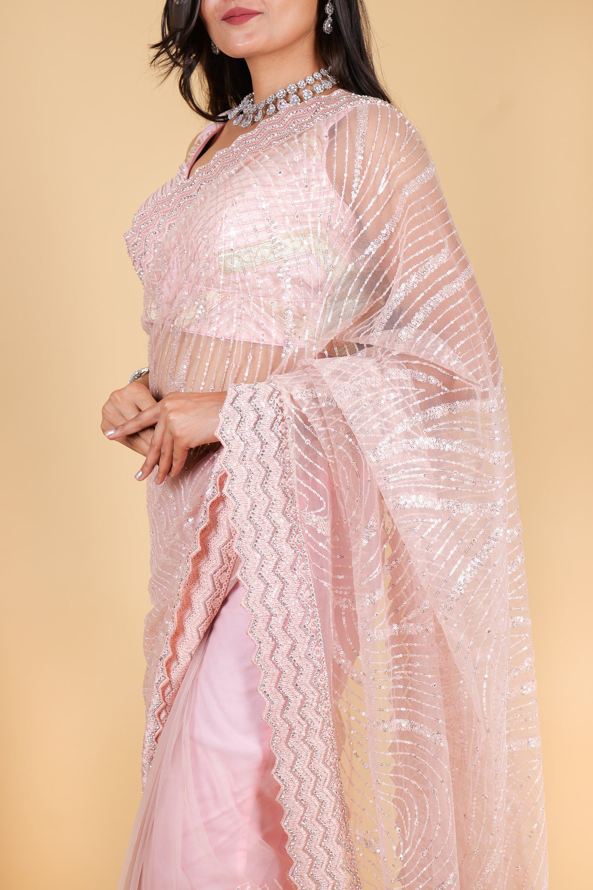 Net designer saree with thread embroidery and sequin work - pink color