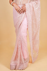 Net designer saree with thread embroidery and sequin work - pink color